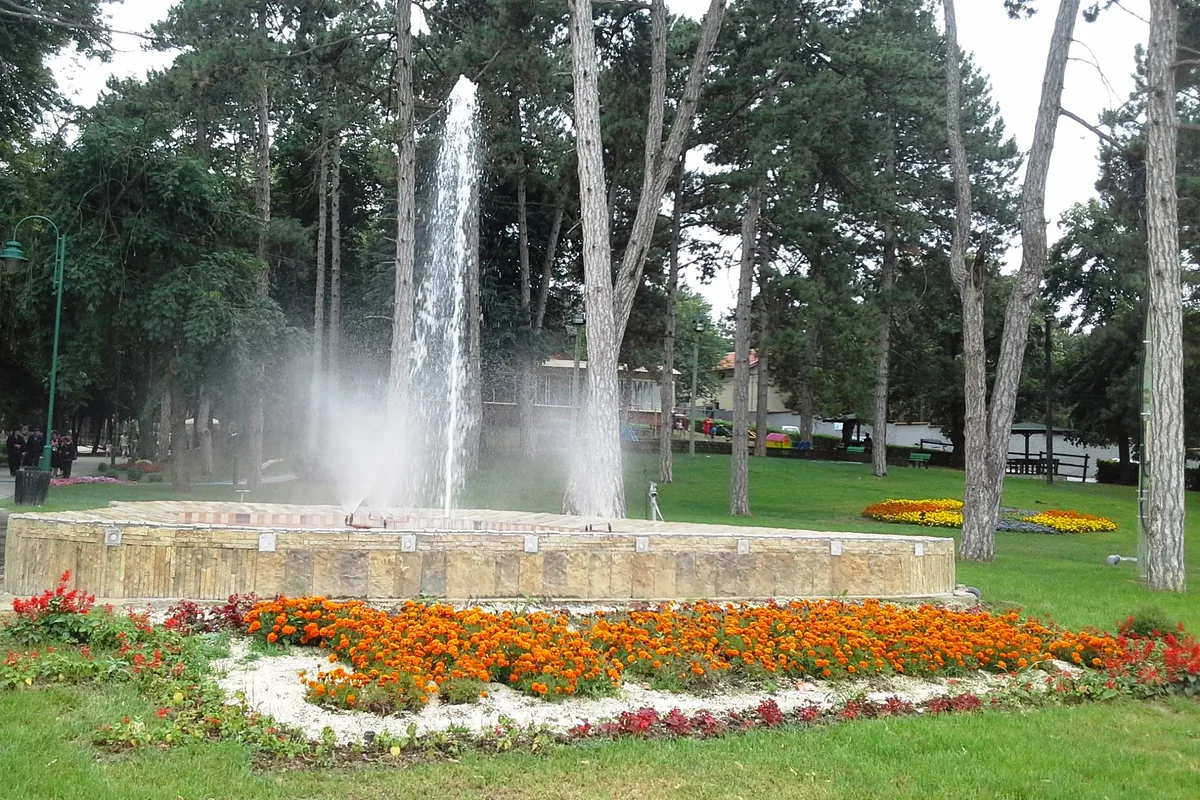 Fontana i cvetne leje među visokim borovima u parku Đurđevo brdo u Jagodini