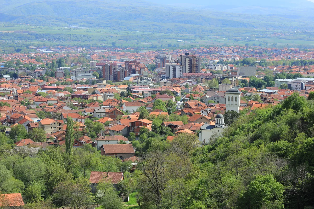 Panorama Vranja sa crvenim krovovima, crkvama i stambenim zgradama, zeleno brdo u prvom planu